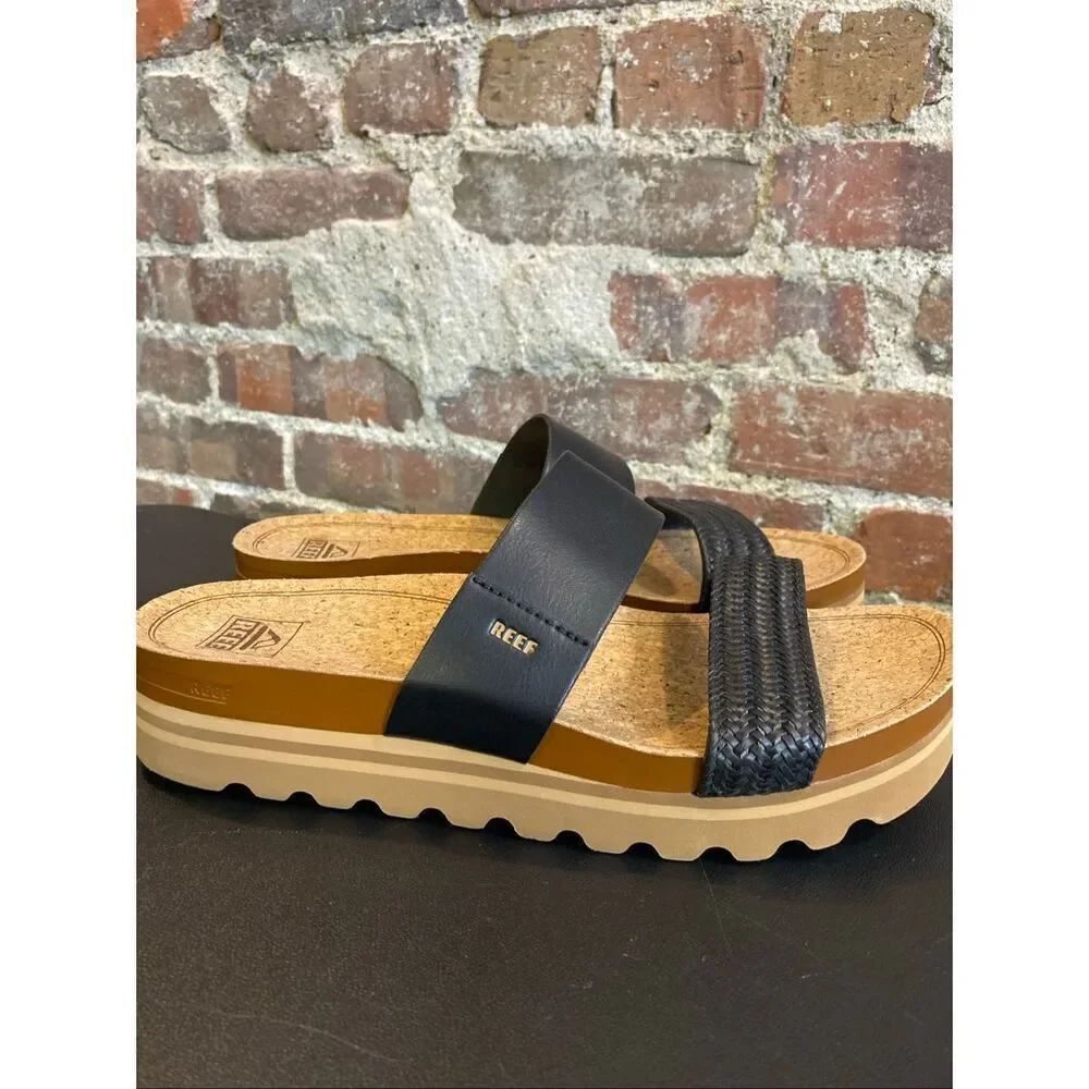 REEF • Black Vegan Leather Braided Double Strap Tan Cork/Foam 2” Sole Slide Sand
